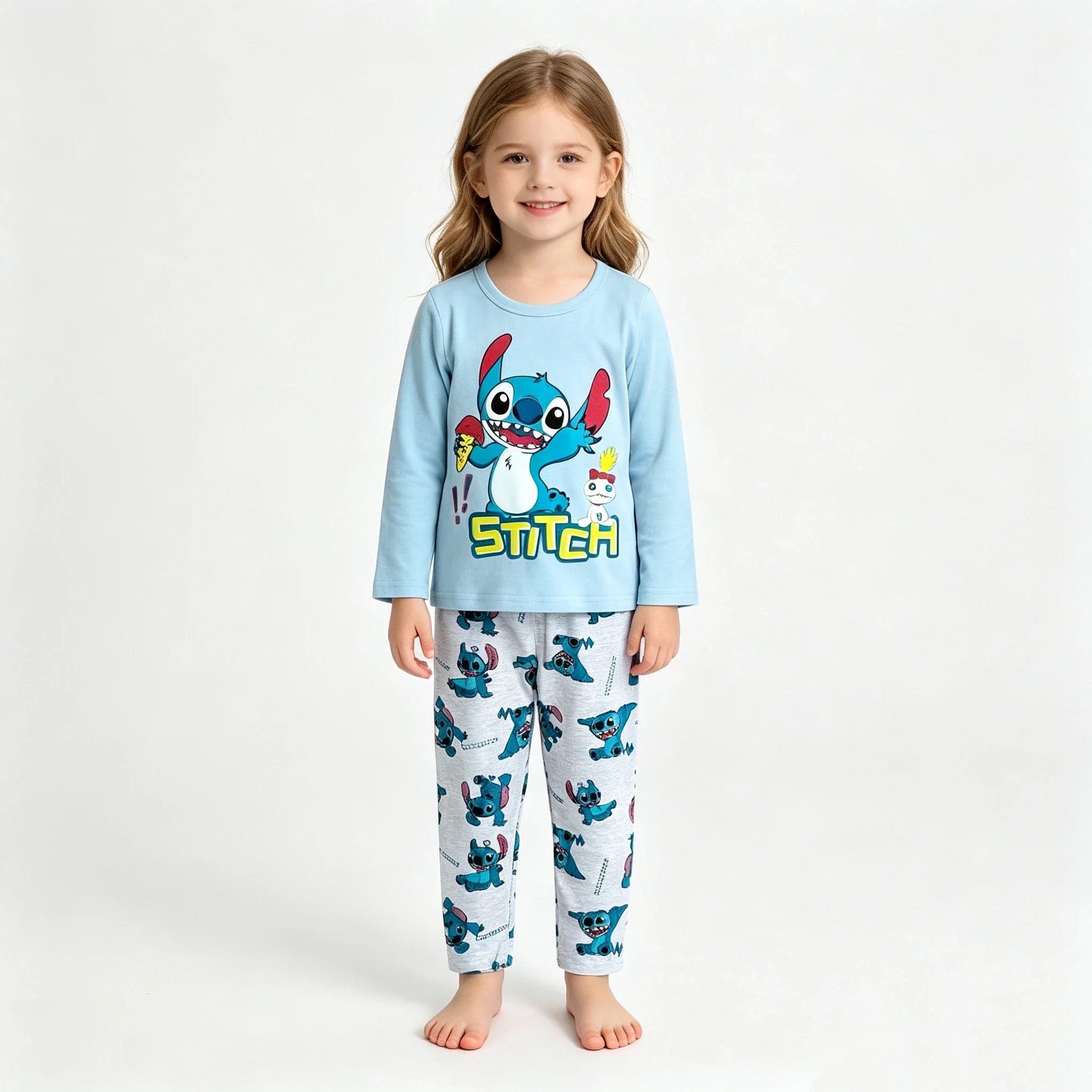 New Cute Cartoon Blue Alien Print Kids Pajama Set Girls Boys Long Sleeve Tops Pants Soft Sleepwear Children Home Clothes