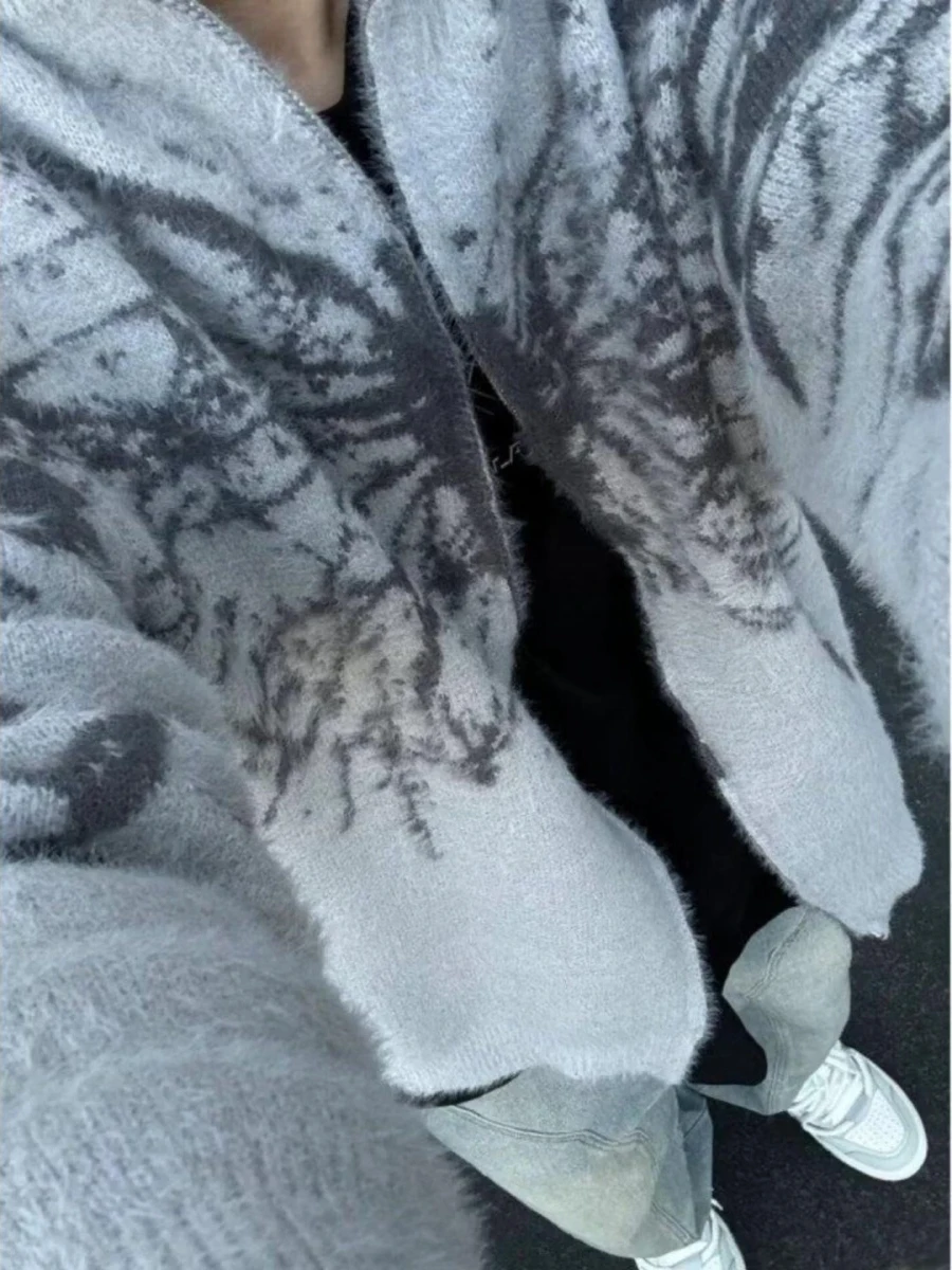 

Retro American Knitted Open Cardigan Zipper High Collar Loose Outerwear for Men And Women Trendy Lazy Sle Winter ...