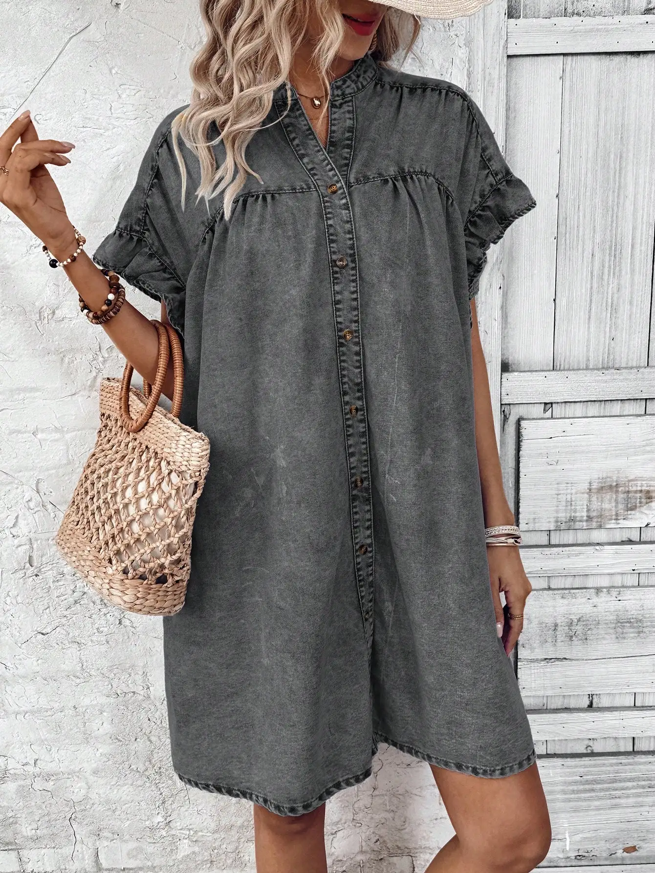

Women's Casual Notched Collar Ruffle Sleeve Denim Shirt Dress
