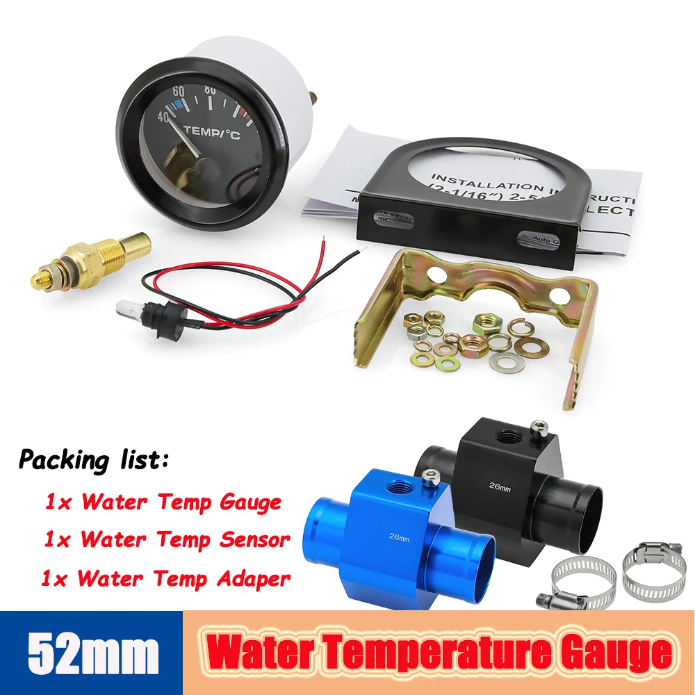 40-120 stopni celsjusza samochodowy 52mm wskaźnik temperatury wody z adapterem rura łącząca grzejnik 1/8NPT czujnik wyścigi wskaźnik poziomu wody w zbiorniku