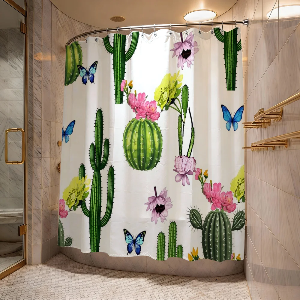 

Boho Cactus Succulent Shower Curtain 180x200cm Tropical Floral Butterfly Waterproof Bathroom Curtain Decoration