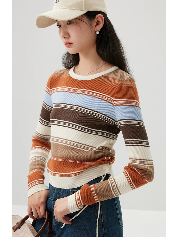 ZIQIAO Contrasting Color Design Women Casual 4.4% Wool Pullover Sweaters 2024 Spring New Long Sleeve Stripe Tops 24ZQ91169