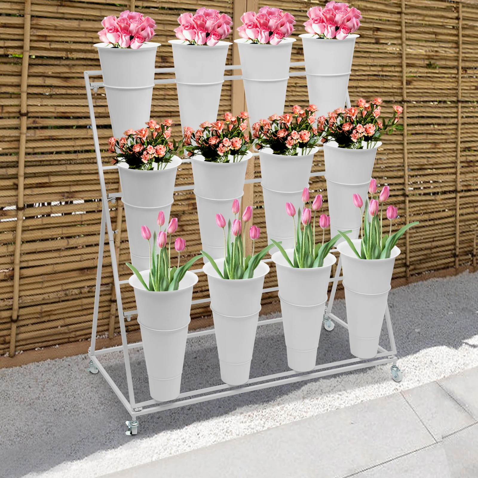 3-Tier Rolling Metal Plant Stand with 12 Buckets, Indoor Outdoor Flower Display Rack for Patio Balcony Garden Wedding Decor