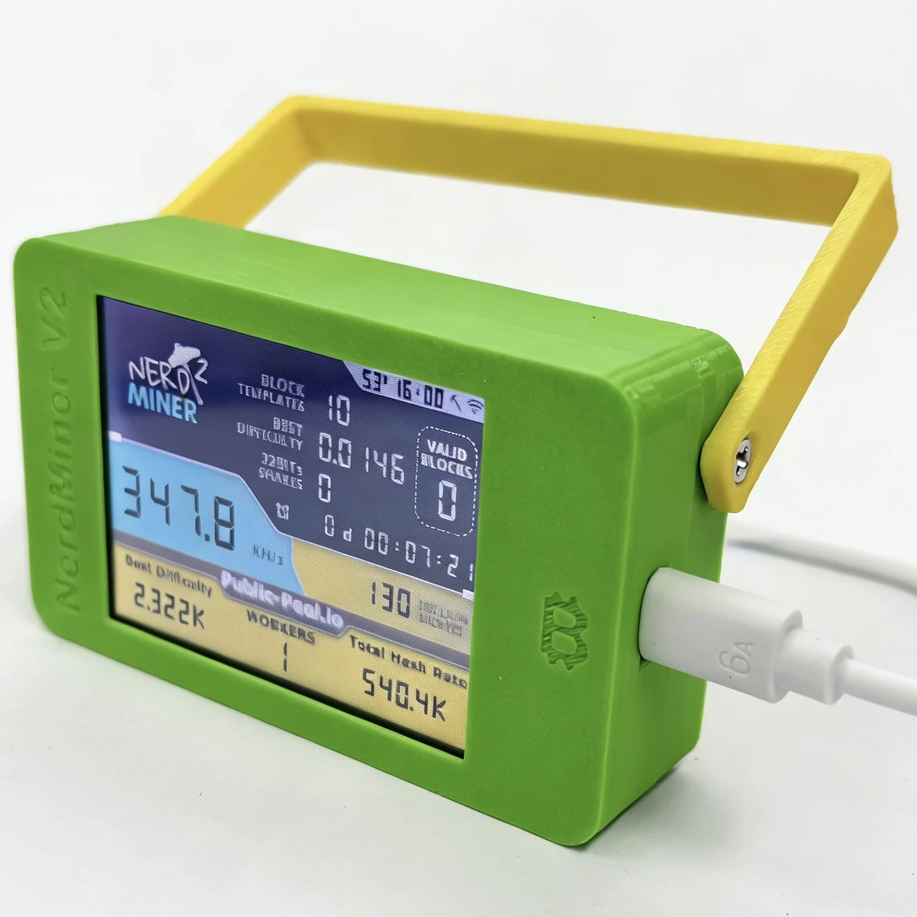 

NMMiner NerdMiner V2 Hashrate Lucky Miner ESP32 2.8 inch Smart Display Crypto Solo Lottery 350KH/s Bitcoin | Green with Stand