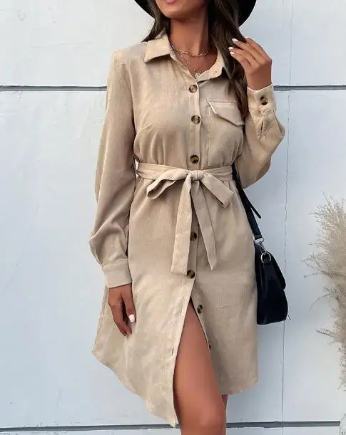 

2025 Autumn Long Sleeve Solid Color Corduroy Shirt Dress High Waist Skirt Separate Two-Piece Women's Fashion Clothing