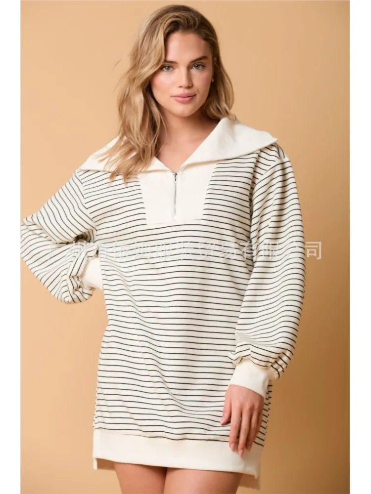 

Loose Dress Simple Style Vestidos Striped Dresses 2025 Woman Lapel Fashion Casual Commuting Homewear Home Clothing Long Sleeves