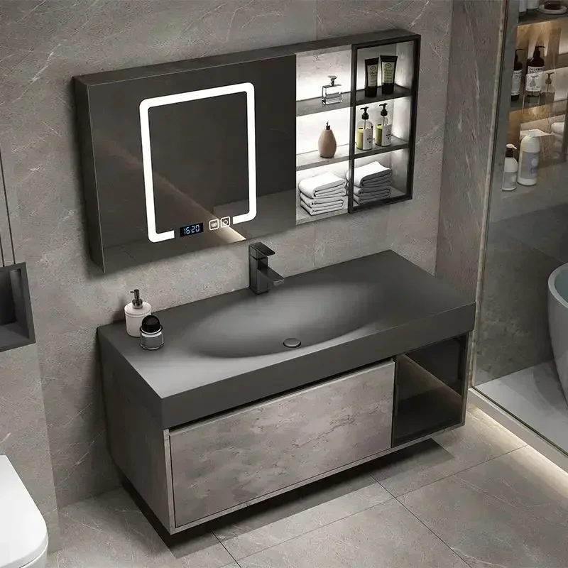 Modern Bathroom Cabinet Smart Mirror Rock One Piece Washbasin Bathroom Cabinet with Sink Make Up Price Difference Special New