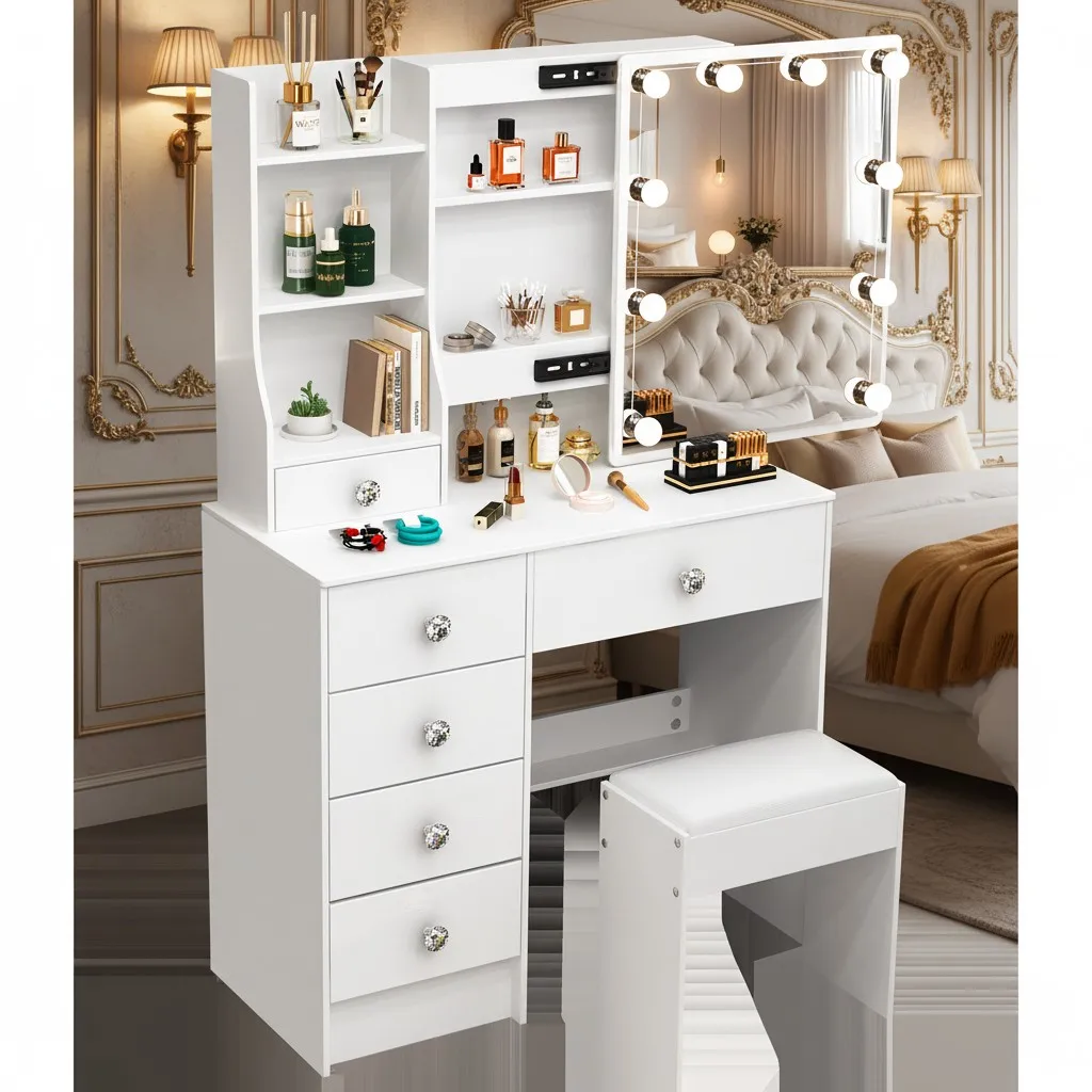 Tocador de maquillaje Juego de mesa de tocador LED con espejo de almacenamiento y taburete para amantes del maquillaje Regalo de Navidad perfecto