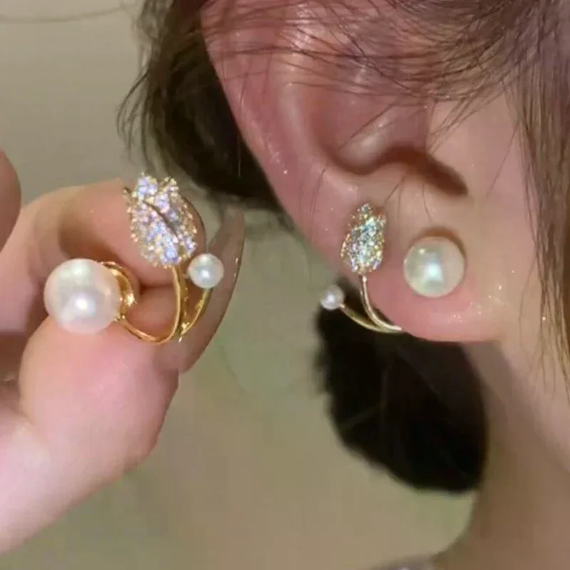 Korean Light Luxury Tulip Imitation Pearl Stud Earrings For Women Two Ways To Wear Ear Studs for Girls Daily Party Jewelry