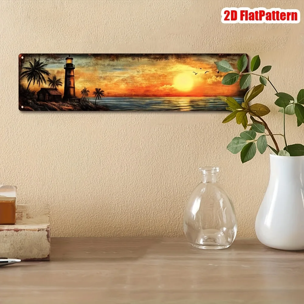 Vintage-Wandkunst aus Metall, Küstendekoration mit Leuchtturm und Sonnenuntergang