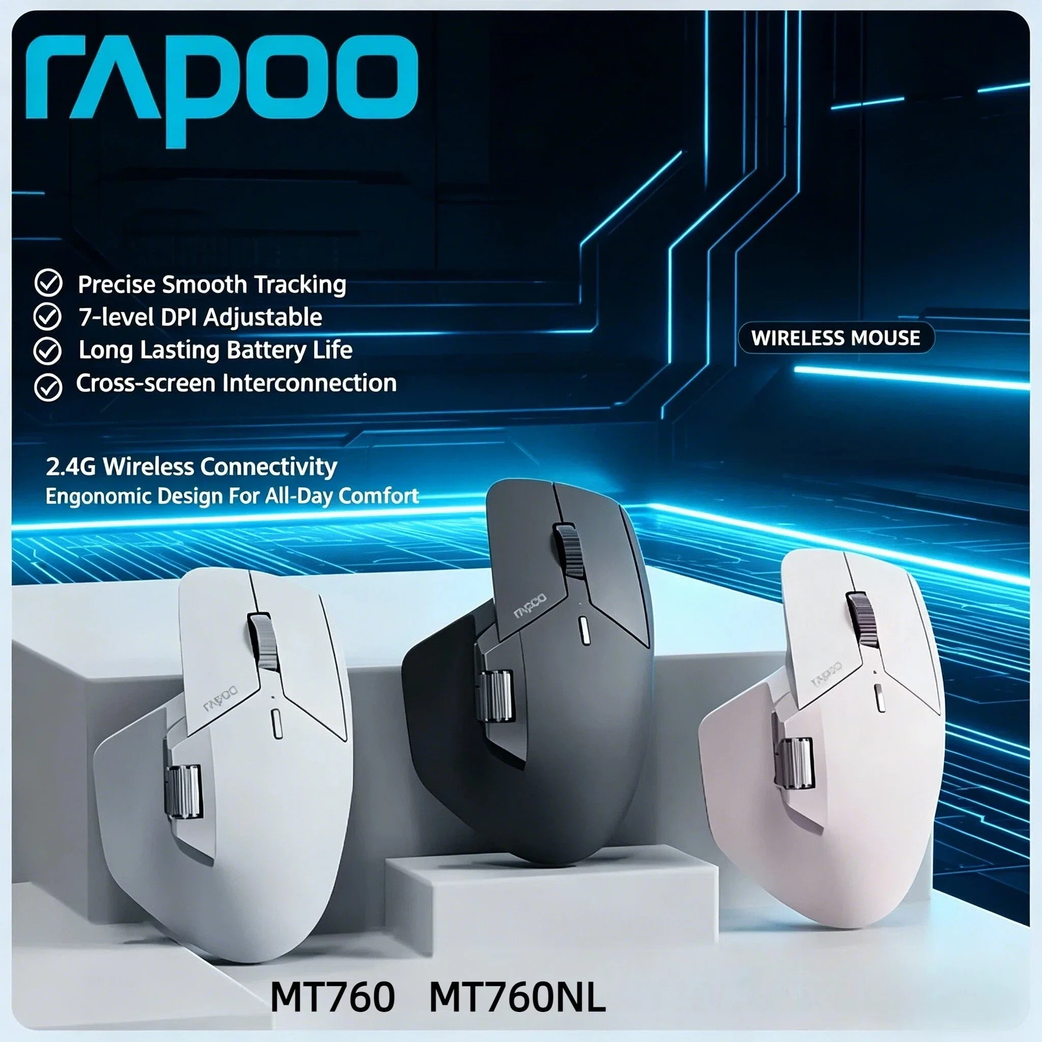 Rapoo MT760 MT760Mini Ergonomic Rechargeable Bluetooth Wireless Mouse Multi-mode 4000 DPI Support Up to 4 Devices Gift Men