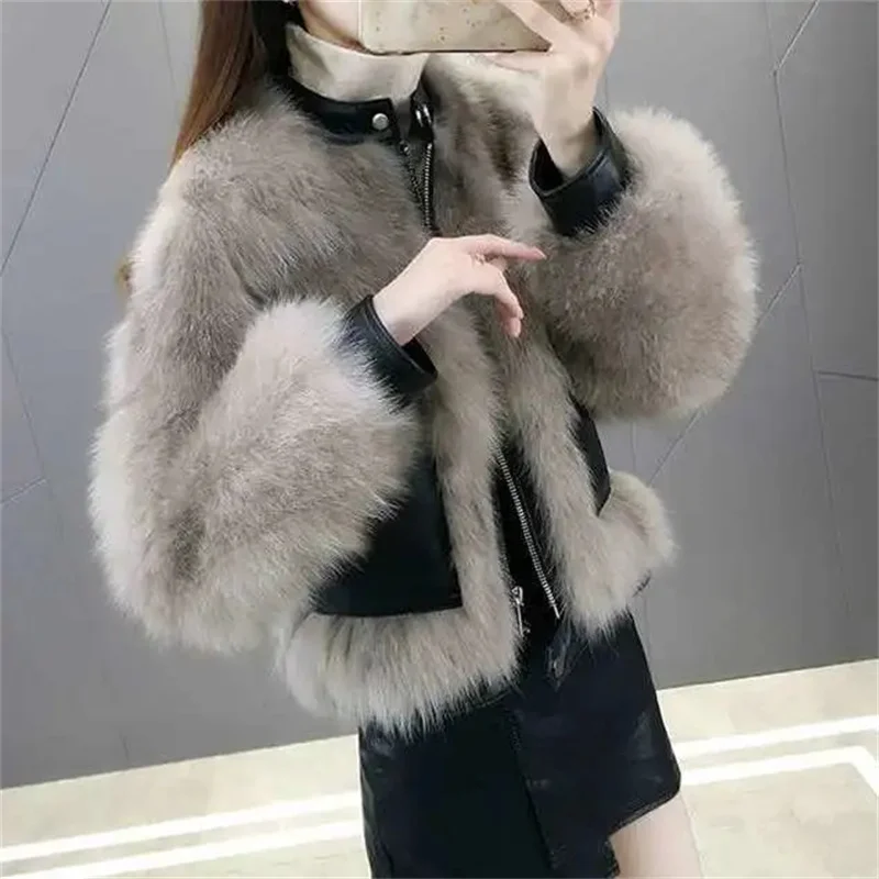 Mode Lederen Splicing Bontjas Vrouwen Korte Jas Faux Fox Bont Jassen Streetwear Dames Tops Herfst Winter Dikke Bontjassen