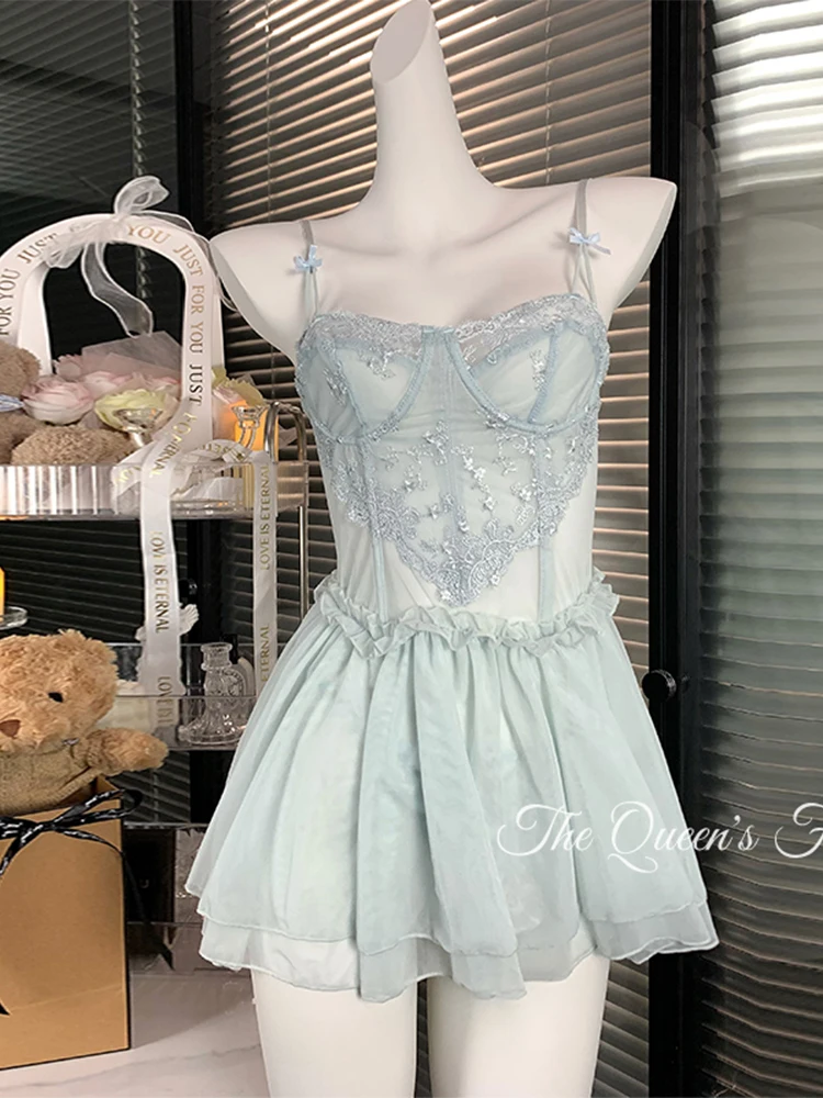 Women's Blue Nightgown Lace Sleepdress Sleeveless Sleepwear Mini Nightdress Bodysuit Exotic Sexy Mini Lingerie Night Dresses New