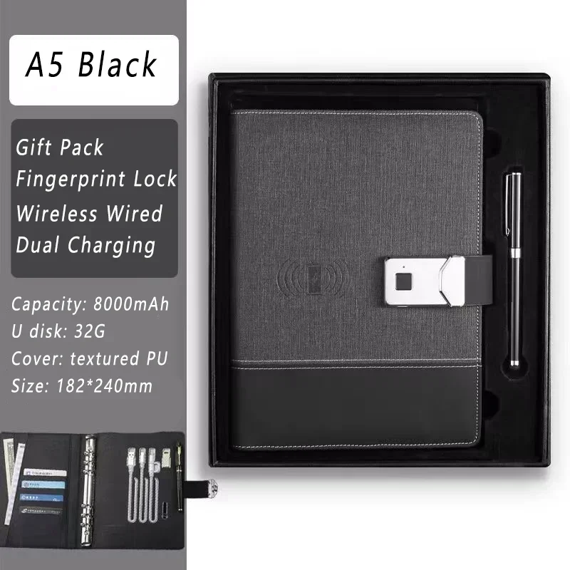 Rechargeable Notebook Fingerprint Unlocking + U Disk Wireless Power Bank Smart Electronic Password Lock Notepad Gift Box Set