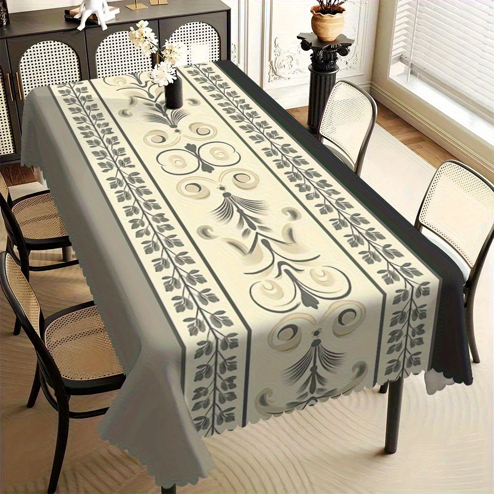 Vintage Grey Scroll Floral Border Print Tablecloth Scalloped Edge Waterproof Rectangular Table Cover Farmhouse Dining Home Decor