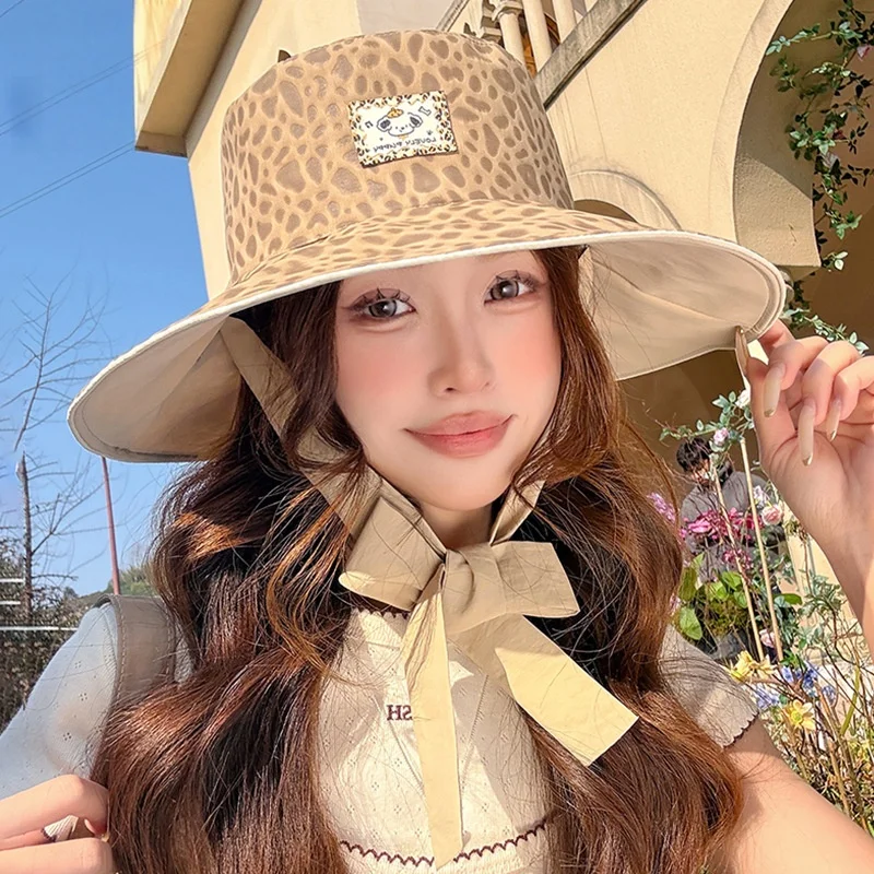 

Summer Reversible Leopard Print Fisherman's Hat Women Korean Style Foldable Strap Wide-Brim Sun Hat Soft and Sun-Protective