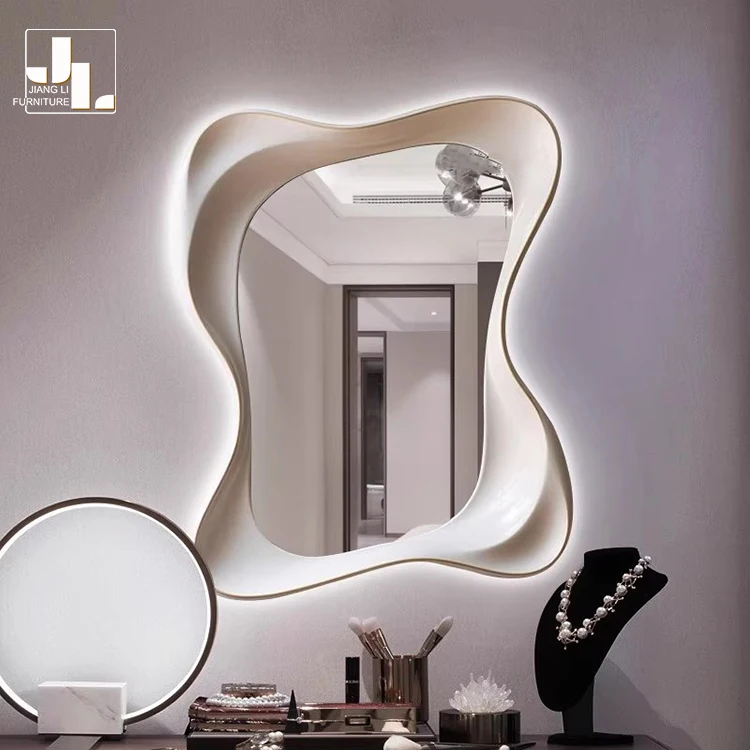 Modern Simple Villa Hotel Creamy White Decorative Mirror Bedroom Bathroom Wood Frame Irregular Shape Wall Mirror Furniture