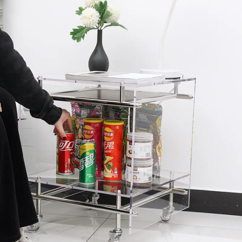 Acrylic trolley storage rack, transparent ins, sofa side table, antique stainless steel movable bedside table