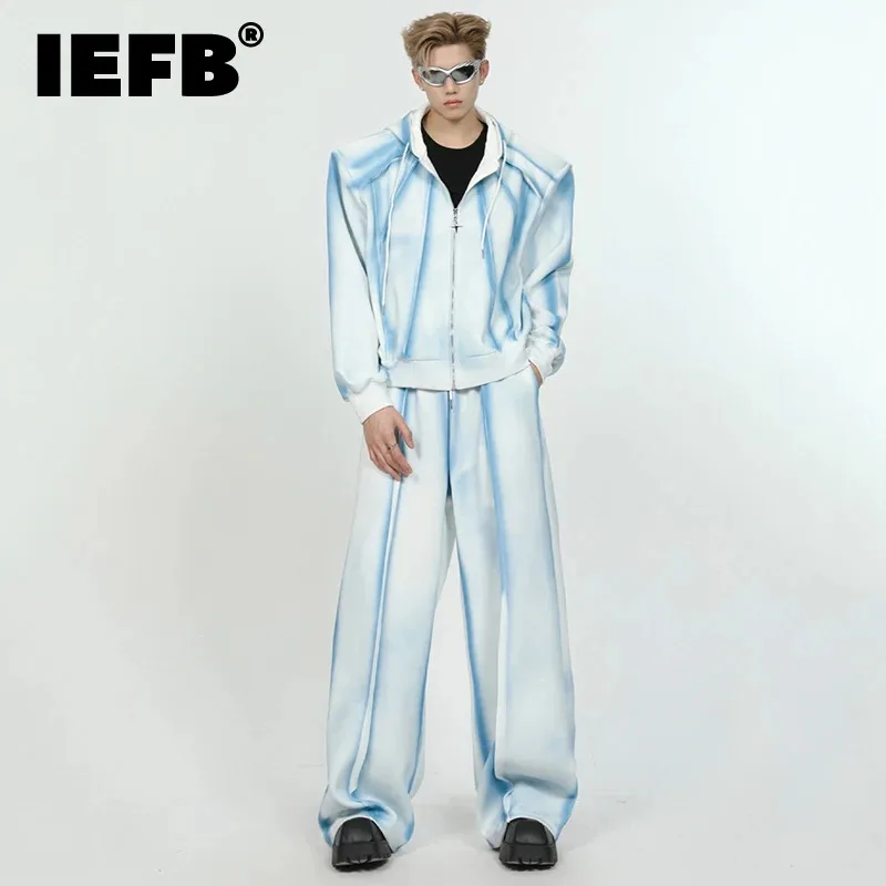 

IEFB Niche Style Men's Casual Sets Tie-dye Gradient Color Long Sleeve Tops Straight Wide Leg Male Loose Pants Two-piece 9C6542