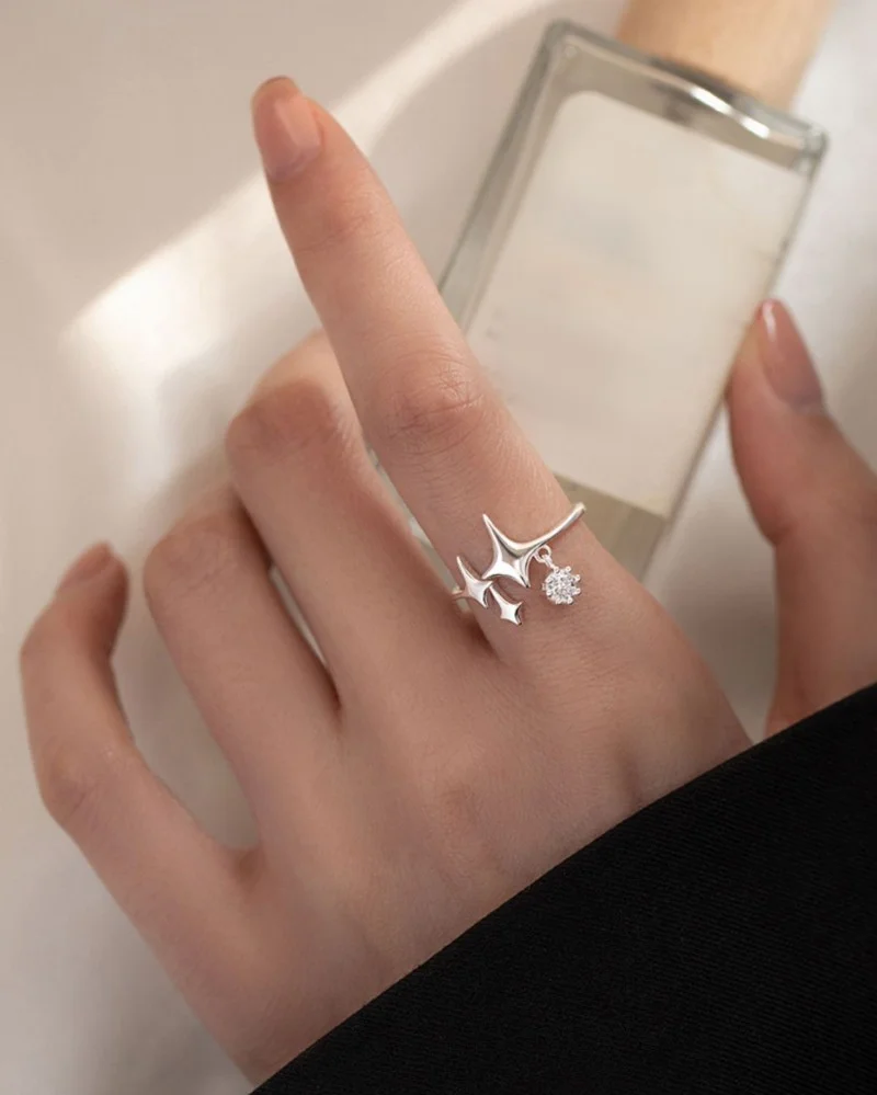 2022 Silver Color Minimalist Irregular Stars Open Ring for Women Tassel Unique Design Rhinestones Rings Jewelry Accessories Gift