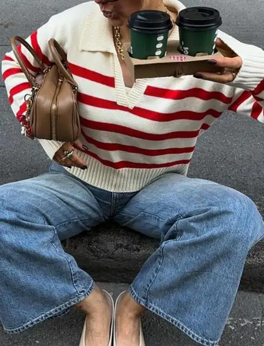 

Осень 2024, новый стиль, полосатый вязаный свитер с лацканами для женщин, ретро, модный, повседневный, простой, вязаный свитер с короткими рукавами