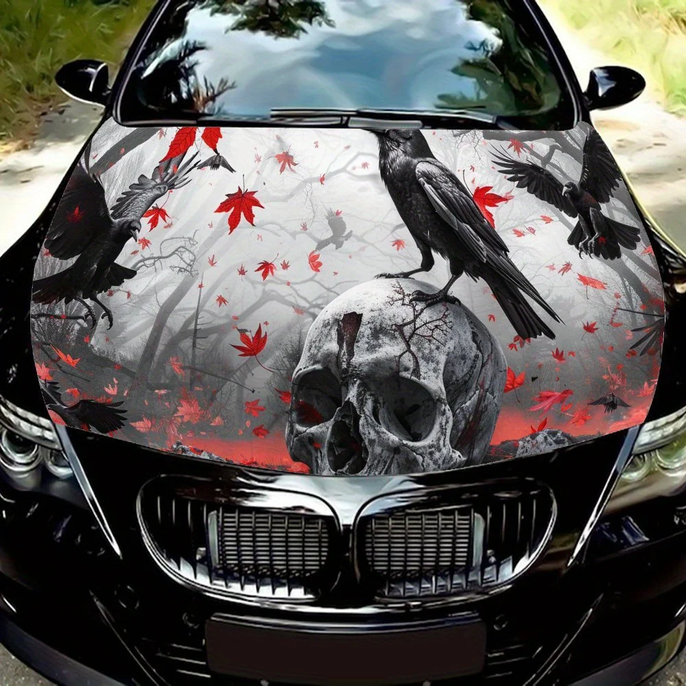 Crows Standing on Skulls, Falling Red Maple Leaves, Eerie Forest Car Hood Wrap Color Vinyl Sticker Truck Graphic Bonnet Auto Acc
