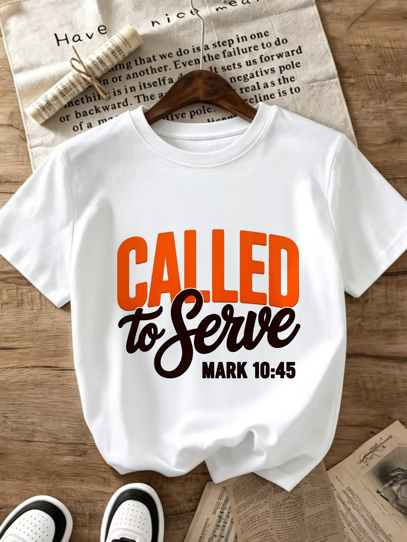 Vintage Tee, Women's Round Neck T-shirt, Spring Summer Fall Casual Suitable for Travel, Called to Serve Mark 10:45 Christian Faith Quote Graphic, A Stylish And Casual Choice, Attitude T-shirt, Local Delivery