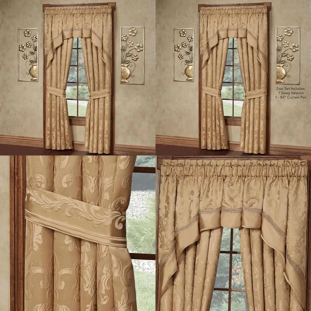 Luxurious Metallic Gold Jacquard Damask Window Treatments with Puff Woven Acanthus Leaf Design and Monochromatic Royal Hues