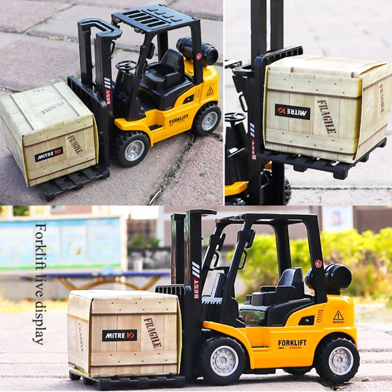 Alloy Die-Cast Model Vehicle Construction Forklift Friction Toy w/ Cargo Pallet Interactive Toy for Boys Girls Xmas Gift