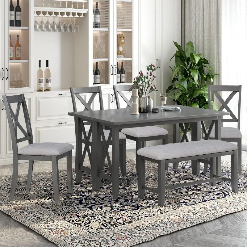 6-Piece Family Dining Table Set with Foldable Table, Wood Dining Table Set with Upholstered Bench and 4 Upholstered Chair