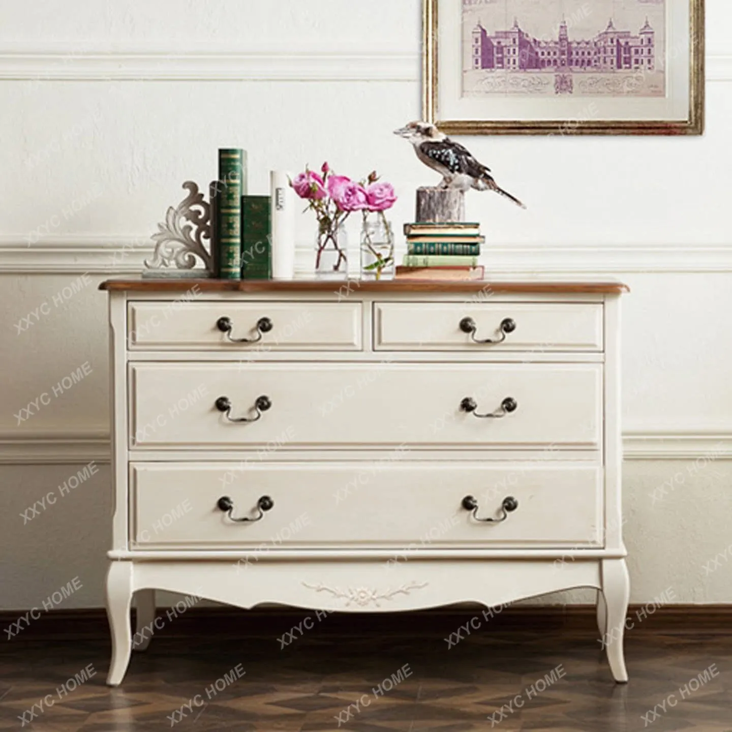 Solid wood chest of drawers for export, vintage country four-drawer storage cabinet, bedroom storage drawer cabinet