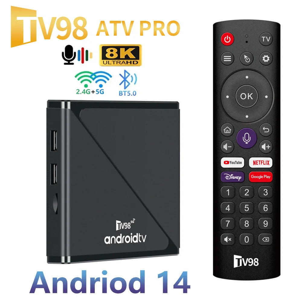 TV98 ATV Pro Smart TV Box Android 14 Allwinner H313 Quad Core 8K 4K 5G Dual Wifi BT5.0 Digital Voice Remote 2GB 16GB Set Top Box