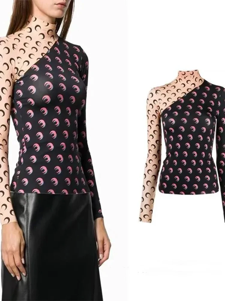 Trendy Moon Print Uv Protection Long Sleeve Shirt Women's Slim Fit Layered Tee for Work Commute Everyday Wear