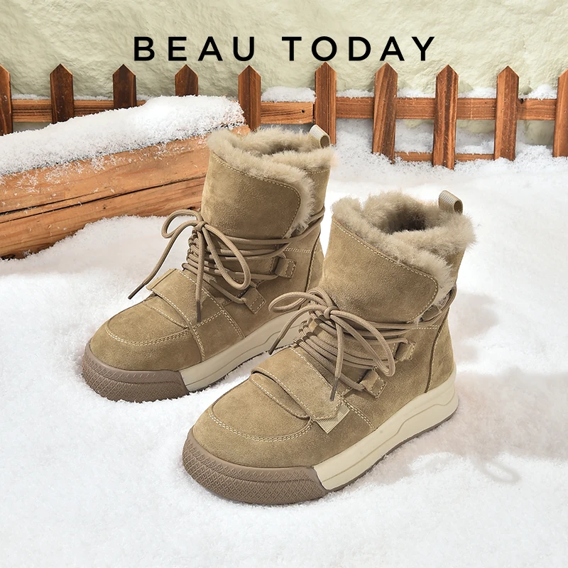 BEAUTODAY Winter Snow Boots Women Genuine Cow Leather Artificial Wool Solid Color Lace-up 2023 Warm Ladies Shoes Handmade 08045