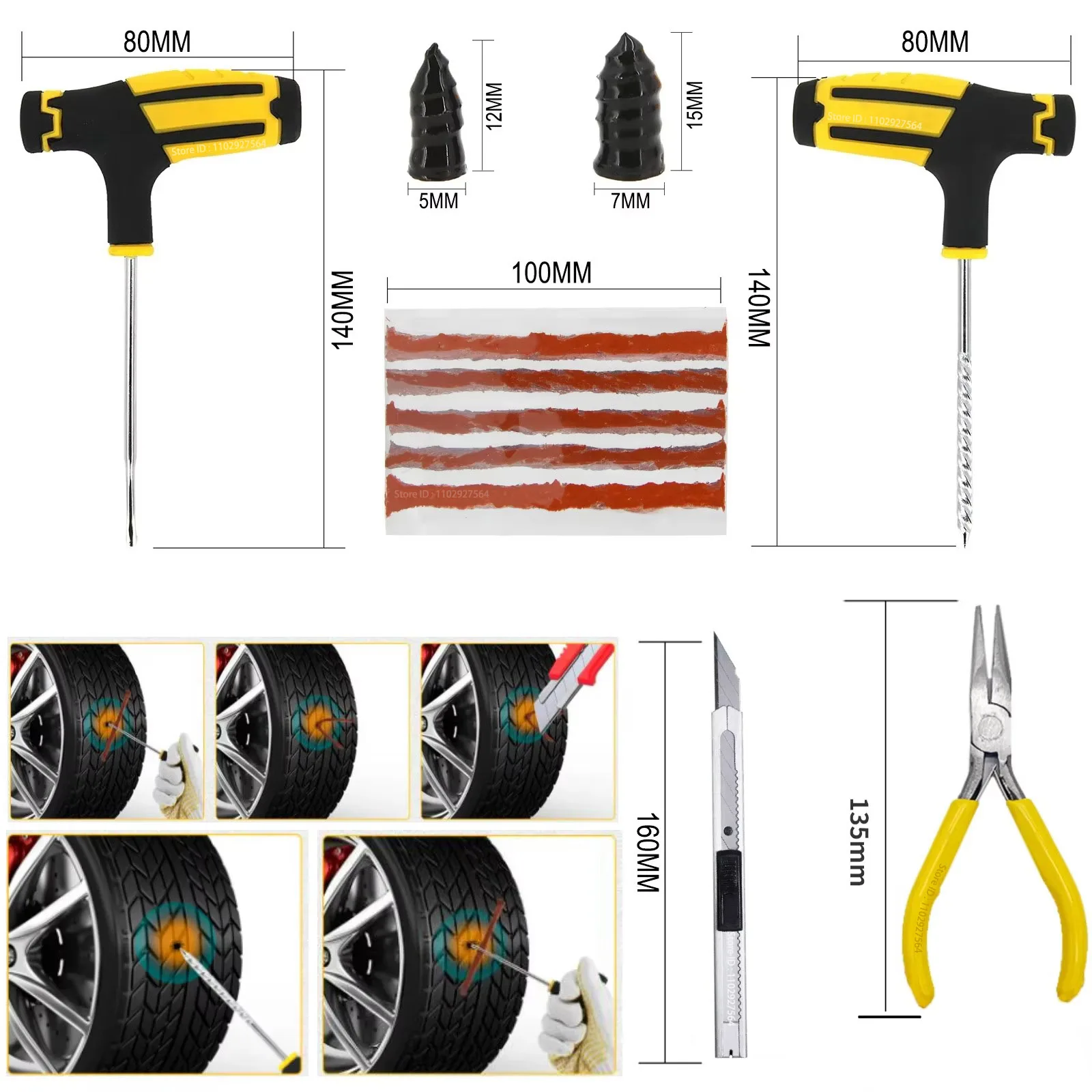 Zfuouek kit de reparo de pneus de carro, ferramentas de plugue de punção, emergência para tiras de pneus, kit de ferramentas de reparo de cola de agitação