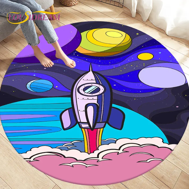 Cartoon Space Astronaut Round Rug Carpet Rug for Living Room Bedroom Sofa Decoration Kids Play Crawl Soft Floor Mat Crawling Mat