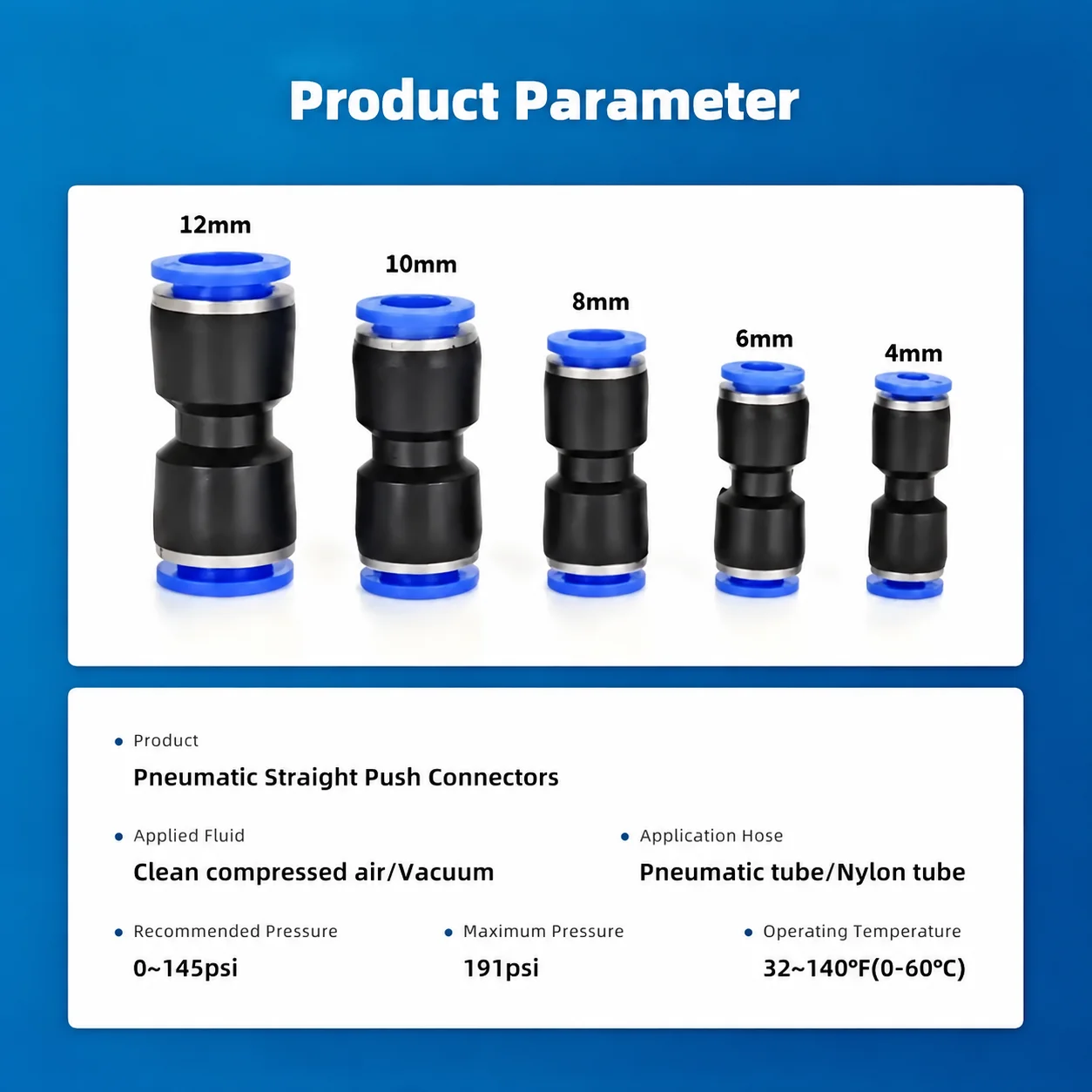4-12MM Pneumatic Push In Fittings Kit, Multifunctional PU Air Hose Tube Couplings, Straight Airway Interface, Easy Installation