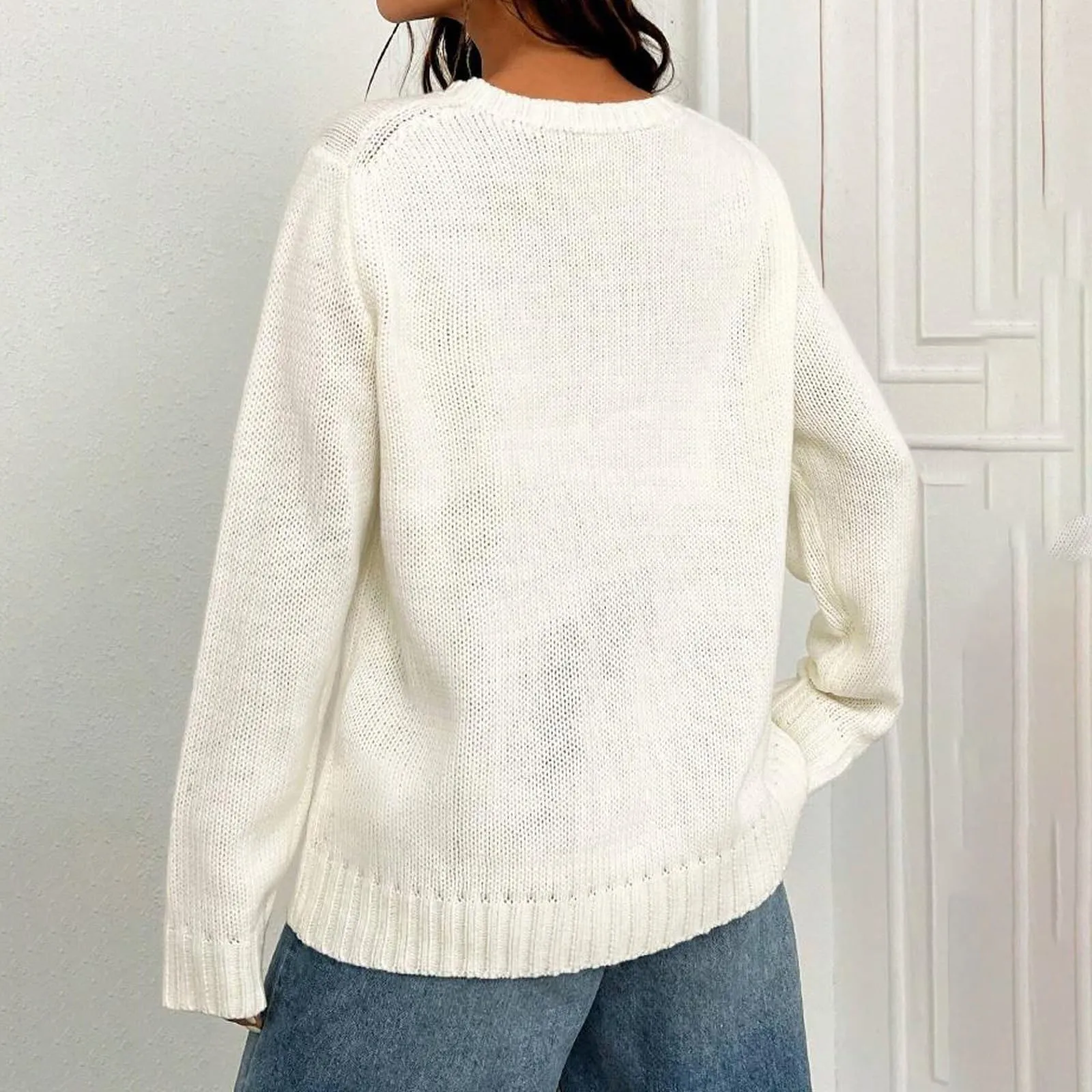 Pull en tricot imprimé American Feel pour femme, col rond, manches longues, sweat-shirt confortable, chaud et esthétique