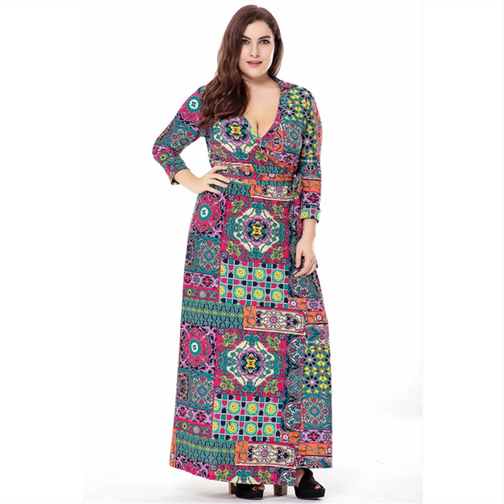 2021 Spring Autumn Winter Hot Sale European And American Style Plus Size V-Neck Printed Dress For Women