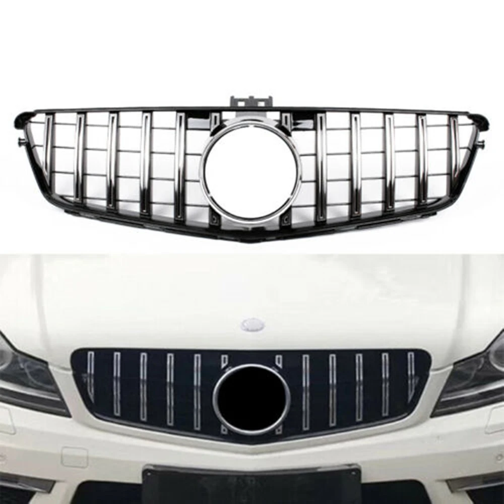 

For Mercedes Benz C Class W204 2008-2014 C180 C200 C250 C300 GT Style Silver/Black Grill Front Grille Upper Bumper Hood Mesh Kit