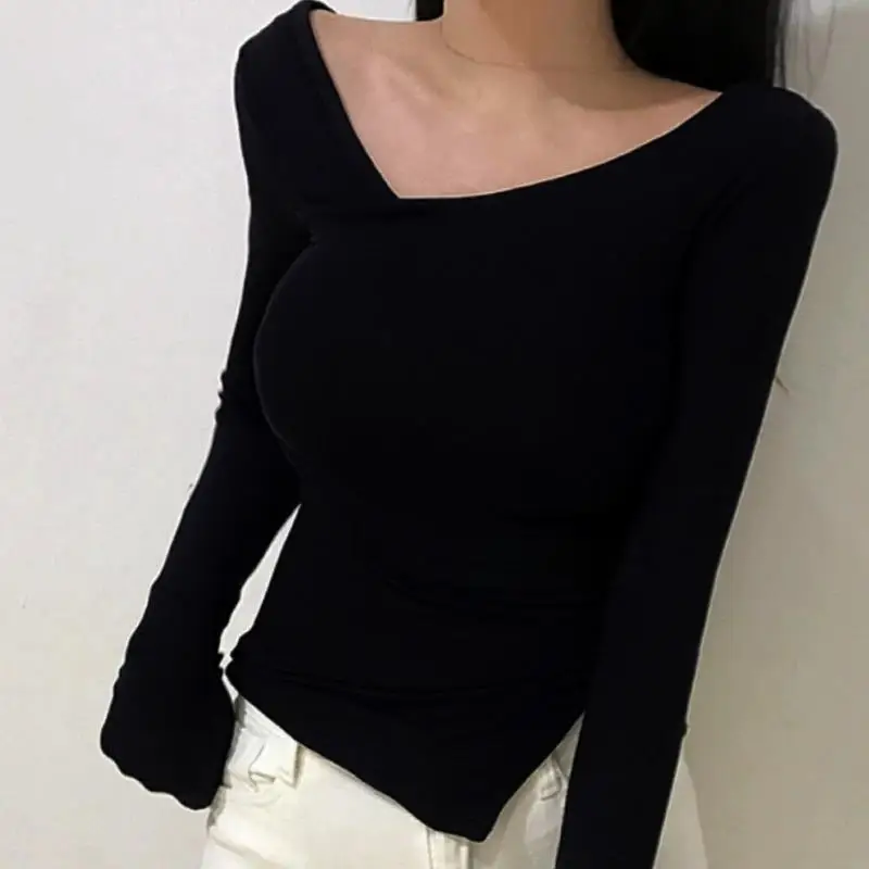 T-shirt lunga Sve V-Ne slim fit Strato base da donna irt Coreano Sle Autunno Faion Miscela di cotone confortevole e traspirante