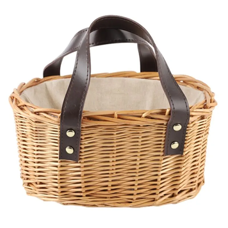 AT02-Elegant Wicker Picnic Basket With Double Leather Handles, Handmade Willow Hamper For Outdoor Activities For Various Occasio
