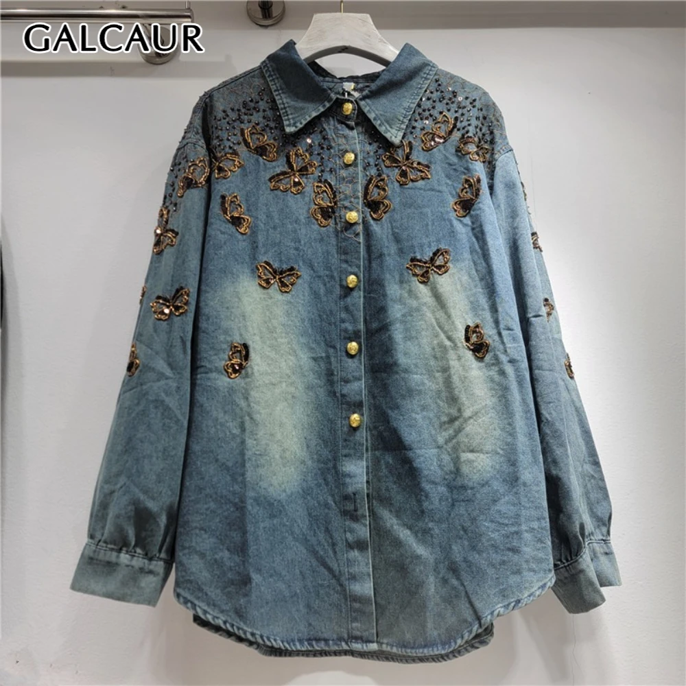 

GALCAUR однотонная шикарная рубашка с вышивкой, женская свободная уличная одежда с лацканами и длинными рукавами, роскошные женские рубашки, осенняя мода, новинка