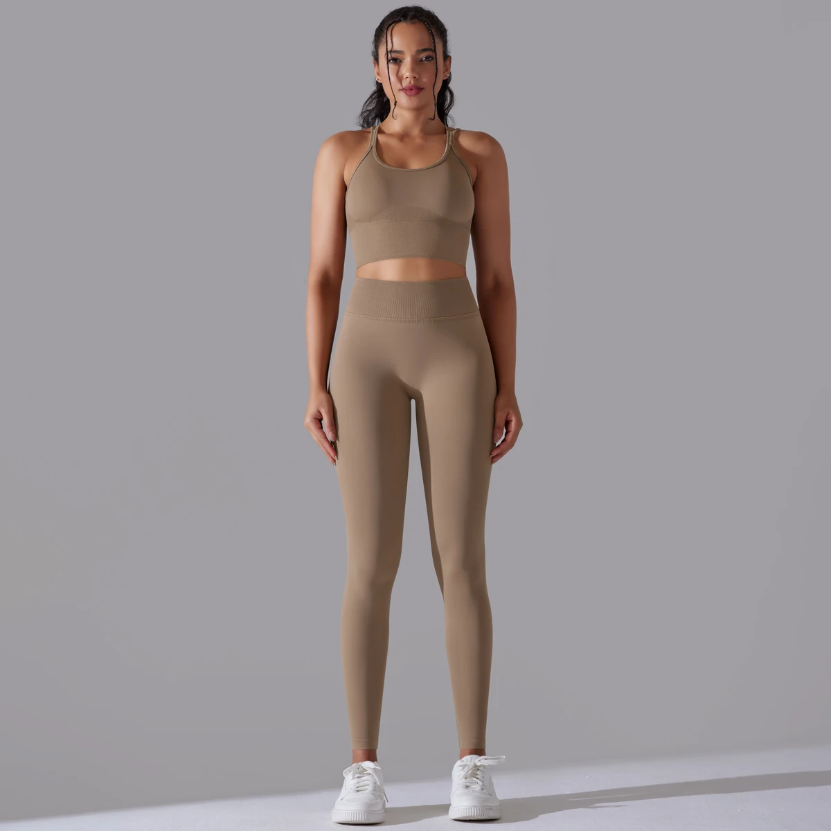 Gebürstetes Yoga-Set für Damen, 2-teilig, Workout, Sportbekleidung, überkreuzter Rücken, Sport-BH, hohe Taille, Leggings, Fitnessstudio, Kleidung, Sportanzüge – Detail 15