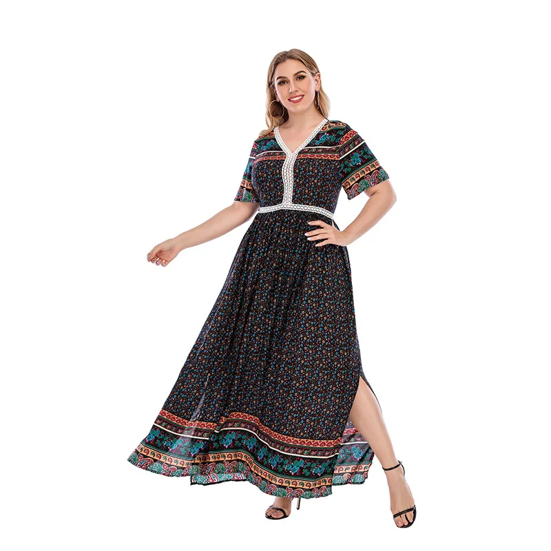 

Loose large size beach dress fat mm lace women's long dress extended pendulum dress high-end temperament elegant classic women's