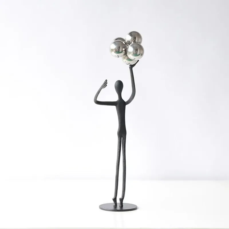 Abstract Art: Black Cast Iron Man Holding Ball Pendant, Metal Sculpture, Living Room Decoration, Statues, Window Display Crafts