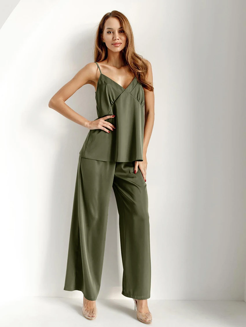 Marthaqiqi Fashion Female Nightgown Suit Sexy Spaghetti Strap Nightwear Backless Sleepwear Pants Solid Ladies Pajama 2 Piece Set