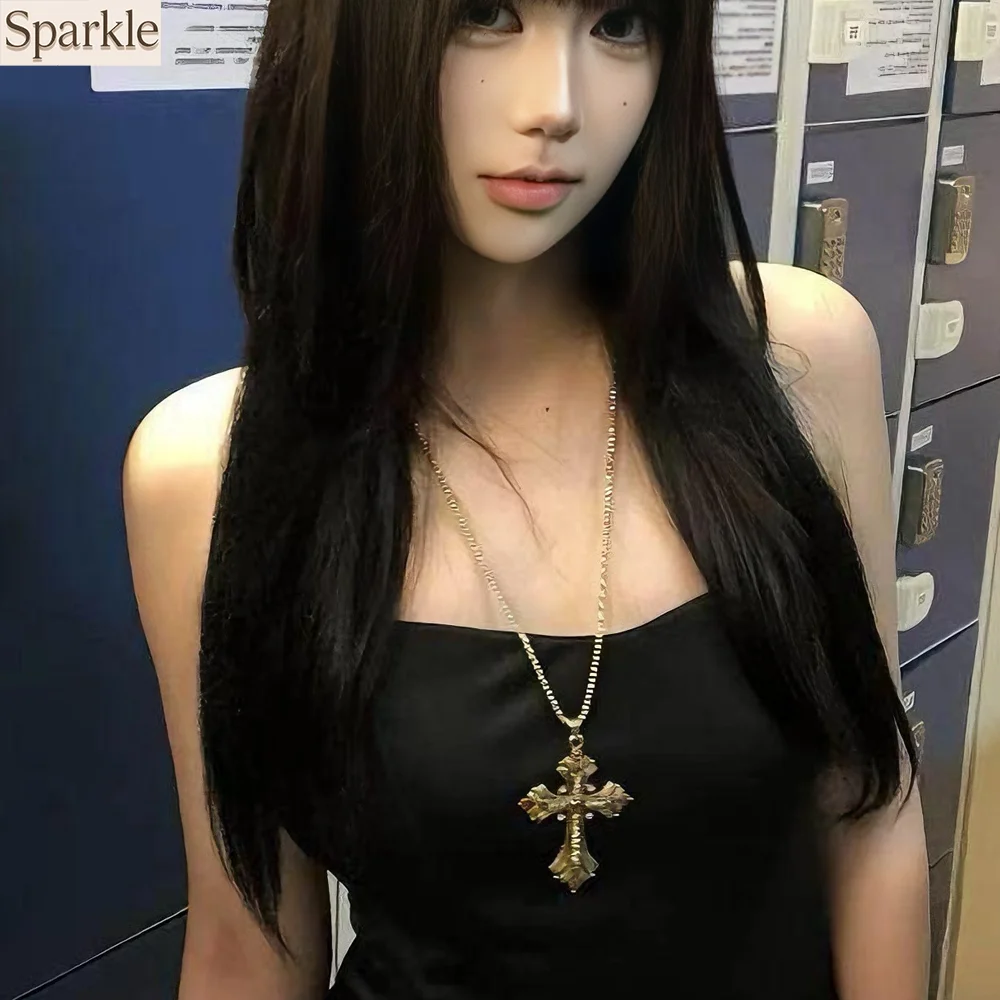 

Vintage Y2K Gold Color Rhinestone Big Cross Pendant Necklace for Women Long Clavicle Chain Large Fashion Neck Jewelry Girls Gift