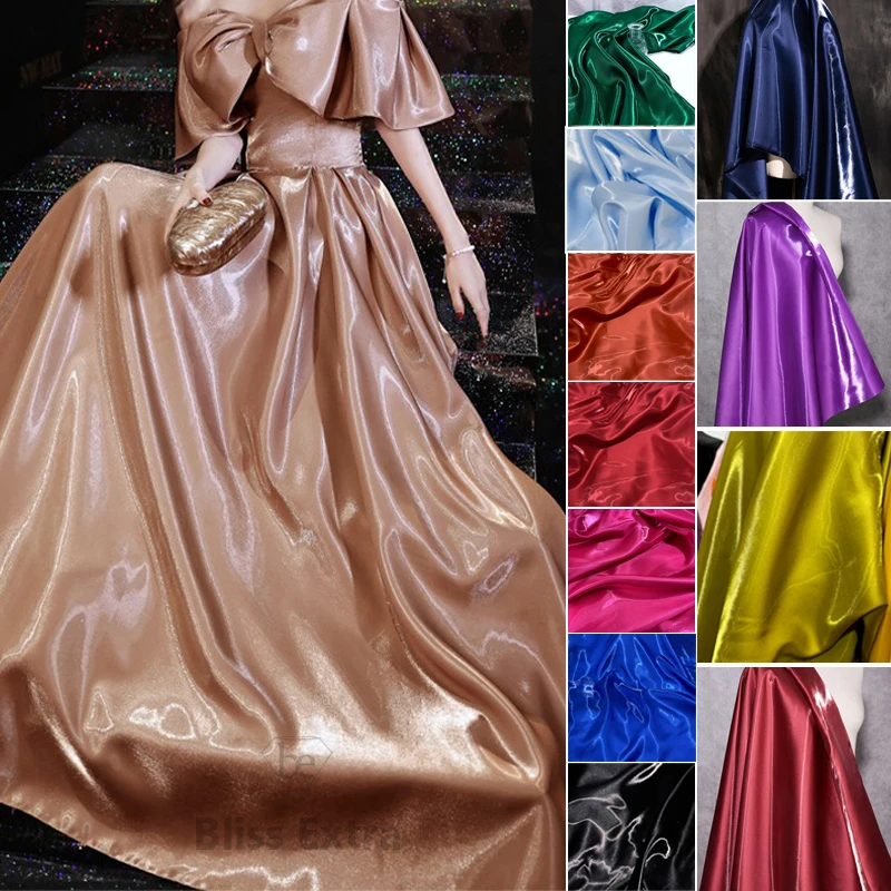 Luxury Glossy Liquid Satin Metallic Fabric Solid Color Crystal Silk Satin Wedding Gift Clothing Designer Fabrics Textile