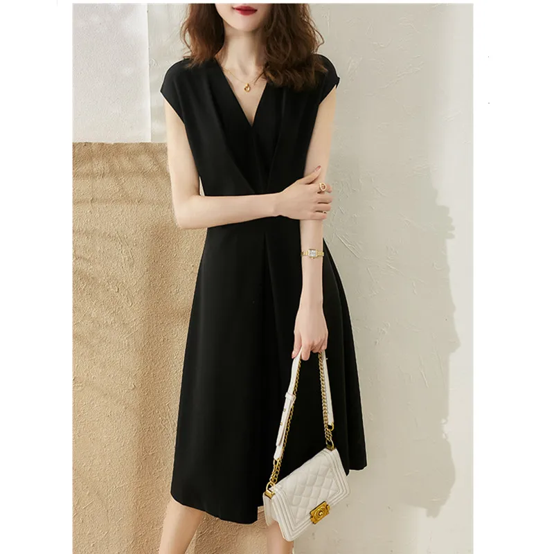 Robe élégante en fibre de compromis pour femmes, robes de bureau patchwork à col en V uni, de haute qualité, nouvelle collection été 2024